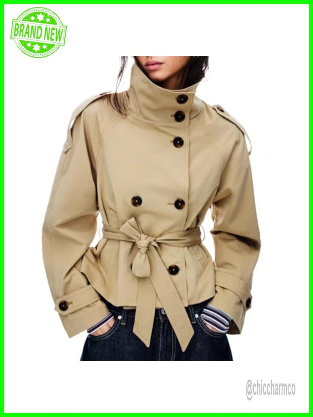 Cropped Trench Coat Double Breasted Belted Funnel Neck Fall Jacket
